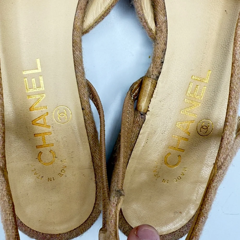 CHANEL 20B Camel and Pink Bi Color Tweed Ballet Slingback Sandal Flats EU 38.5 - Picture 7 of 13